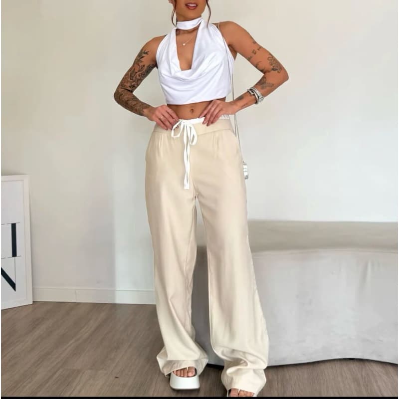 Calça Virginia Pantalona Bicolor Feminina  Cos Duplo Marant Casual Chic Fechamento Lateral