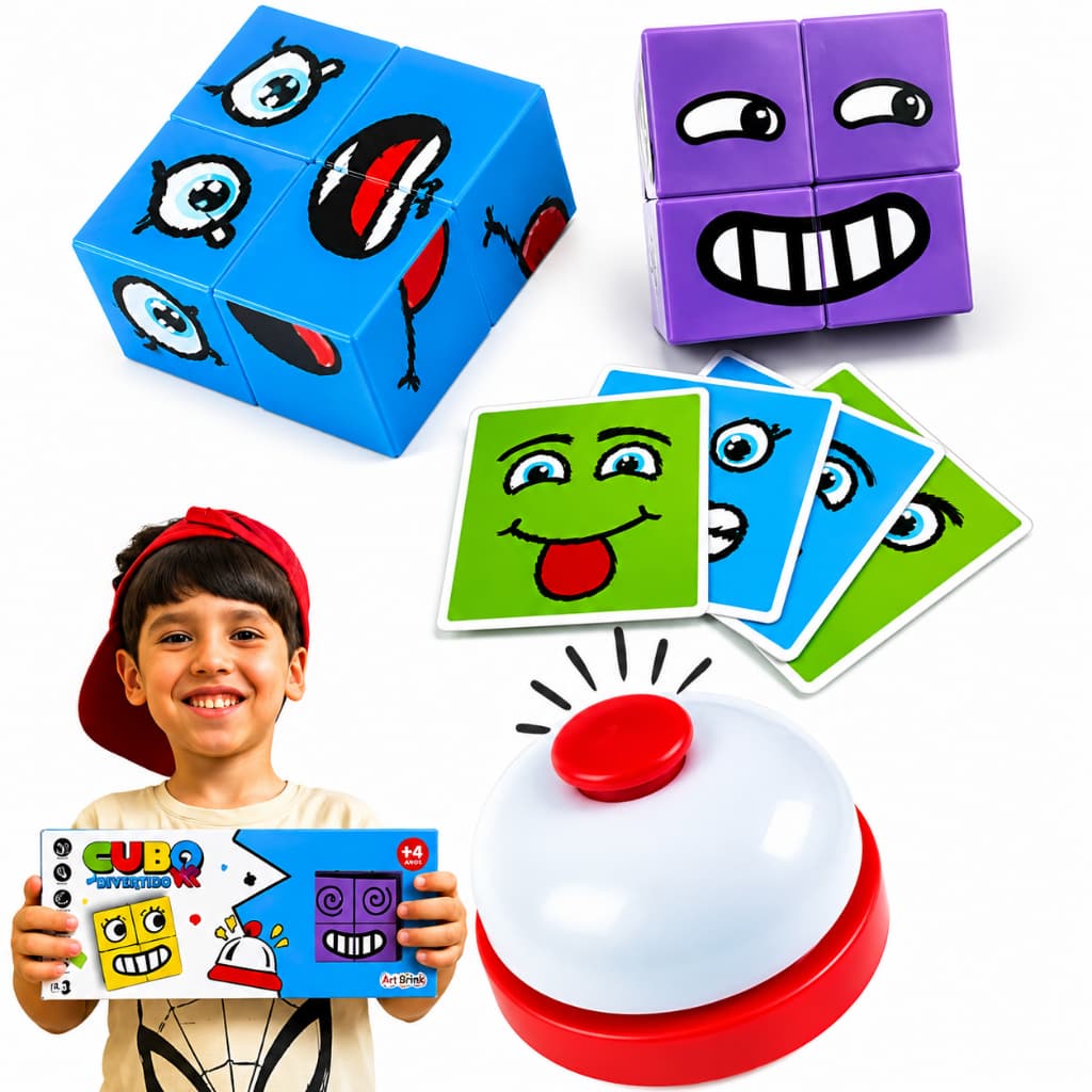 Jogo Cubo das Emoções + Sino Brinquedo Tabuleiro Educativo Blocos Infantil Com Cartas Quebra-Cabeça