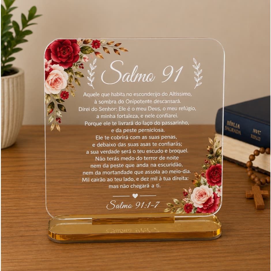 Placa de Mesa Salmo 91  Decorativa Oração Salmos 91 em Acrílico 15x15cm