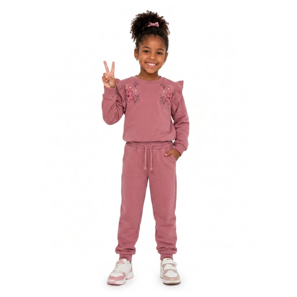 Conjunto Moletom Infantil Feminino Mangas com Babado Detalhe Bordado