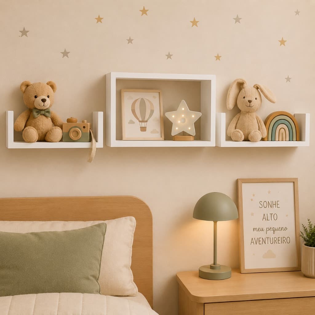 Kit 2 Prateleiras + 1 Nicho Em MDF Parede Suspensa Decoração Organização Sala Quarto Escritório