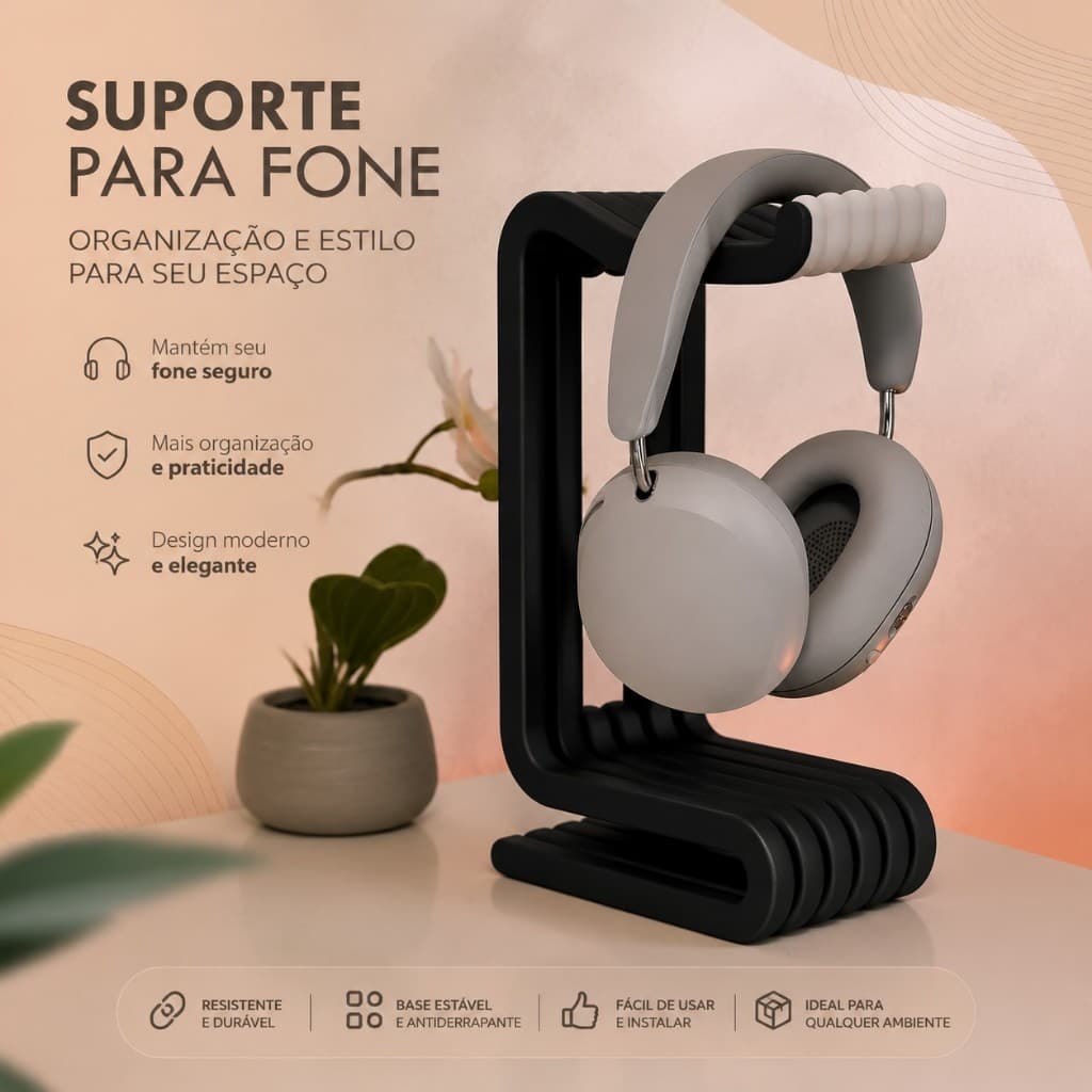 Suporte para Fone de Ouvido Headset Premium Organizador de Mesa Preto Branco Rosa Bebê