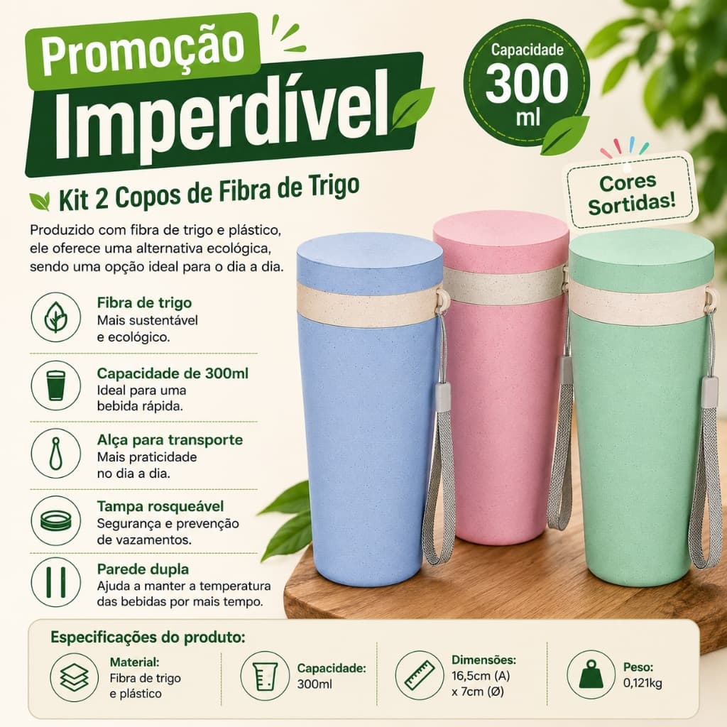 Copo Fibra de Trigo 300ml com Tampa Rosqueável Alça Parede Dupla | Leve 2 na Promoção
