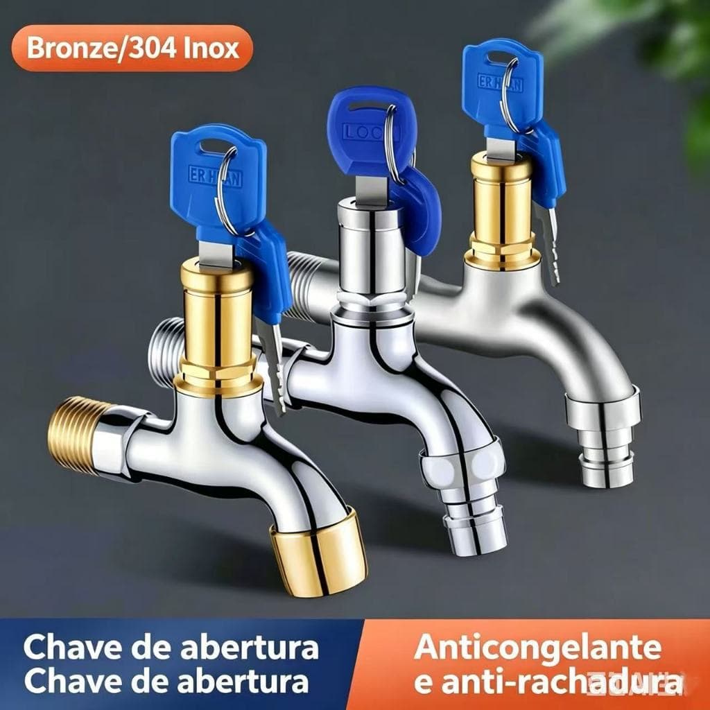 Torneira para Máquina de Lavar 304 Inox com Chave Anti-Roubo, Vazão Grande, Válvula de Latão Resistente à Ferrugem e Con