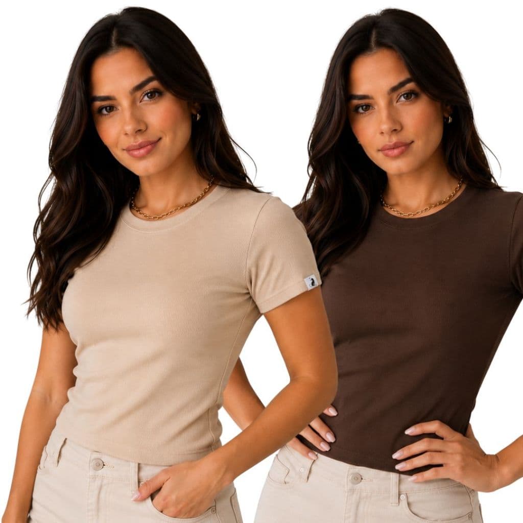 Kit 2 Blusas Feminina Manga Curta Lisa B谩sica Tecido Canelado de Algod茫o Confort谩vel