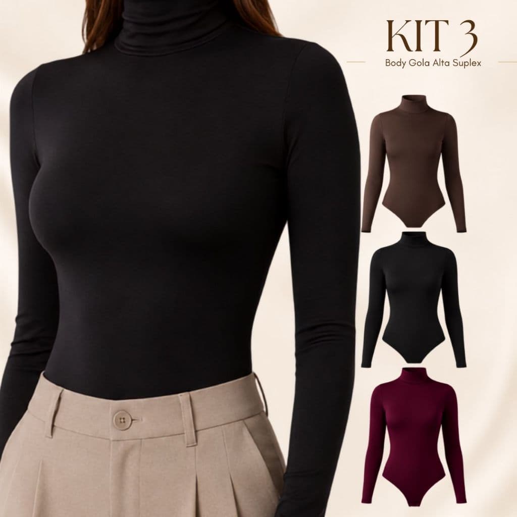 Kit 3 / 2  Body Feminino Suplex Gola Alta Manga Longa Segunda Pele Confortável Inverno  Estiloso