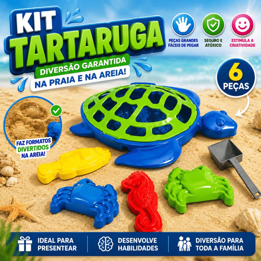 Kit Praia Infantil Tartaruga DivPlast Com Peneira Pá E Forminhas Praia Criança Areia