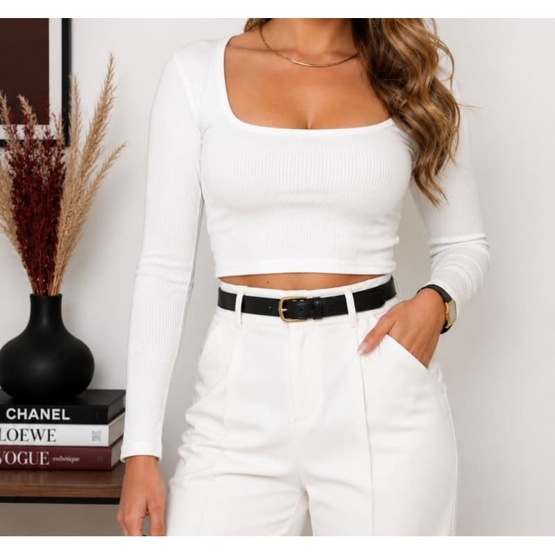 cropped manga longa feminino canelado outono-inverno