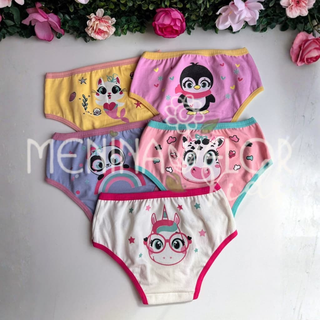 Kit 5 Calcinhas Infantil Menina  Algodão 100% Forro Estampadas e Confortáveis