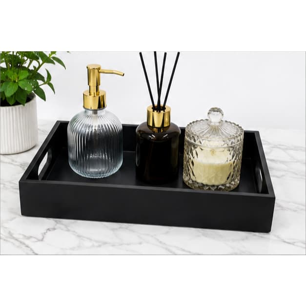 Bandeja Decorativa Preta MDF 30x20cm com Alças | Porta Perfumes Organizador Lavabo e Banheiro