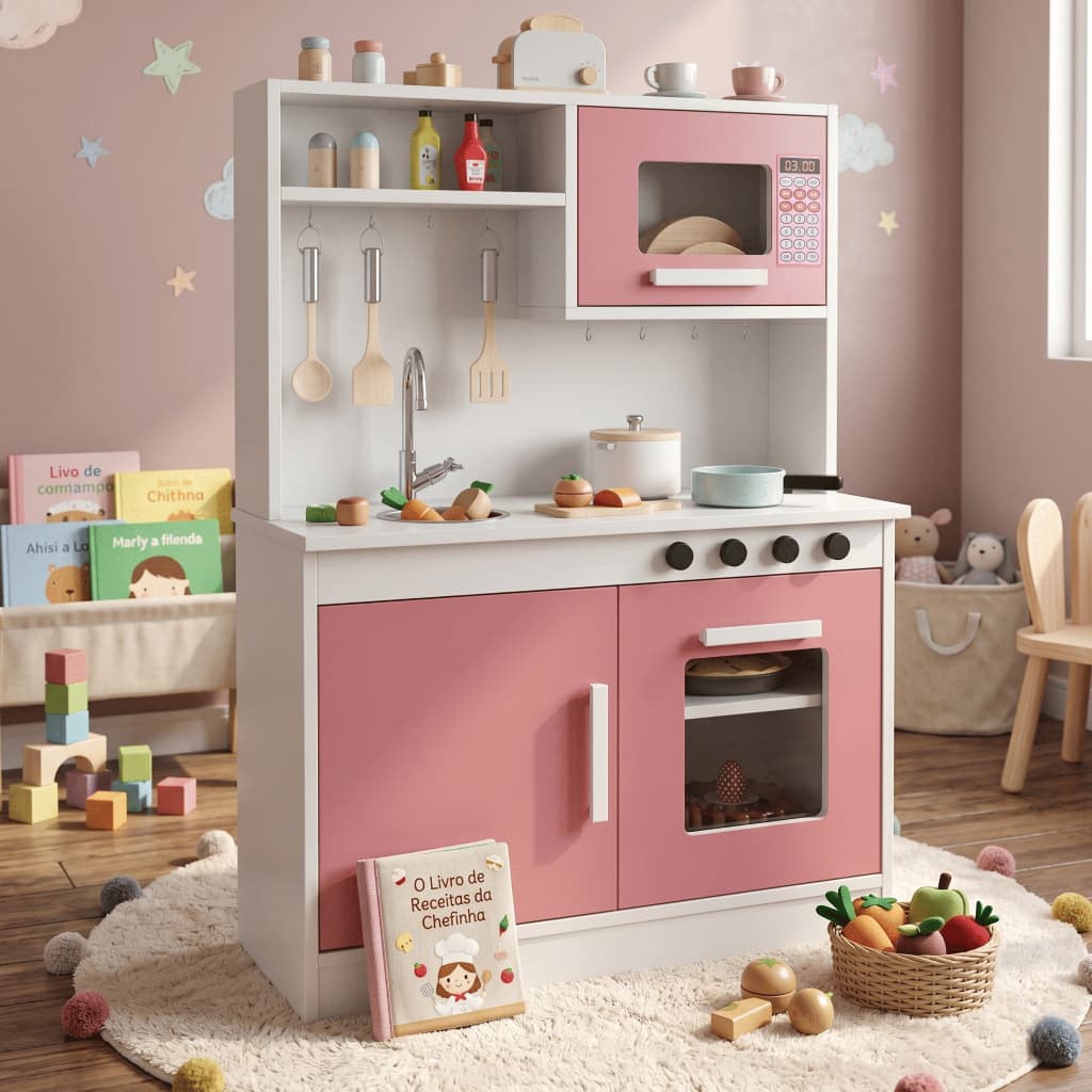 Cozinha Infantil Faz de Conta Rosa Forno Microondas Armário Balcão Menina