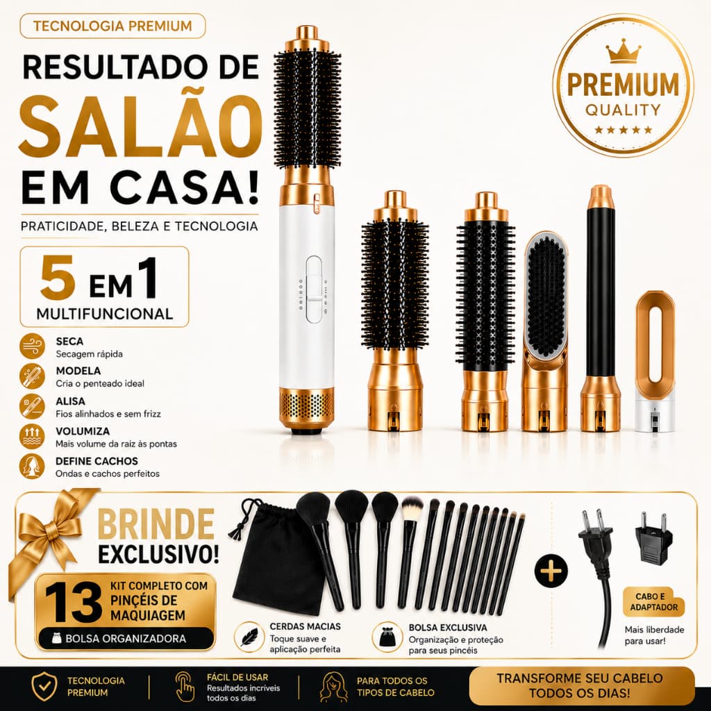 Escova Modeladora 5 Em 1 Branca Com Dourado Secadora Alisadora Com 6 Acessórios 110V