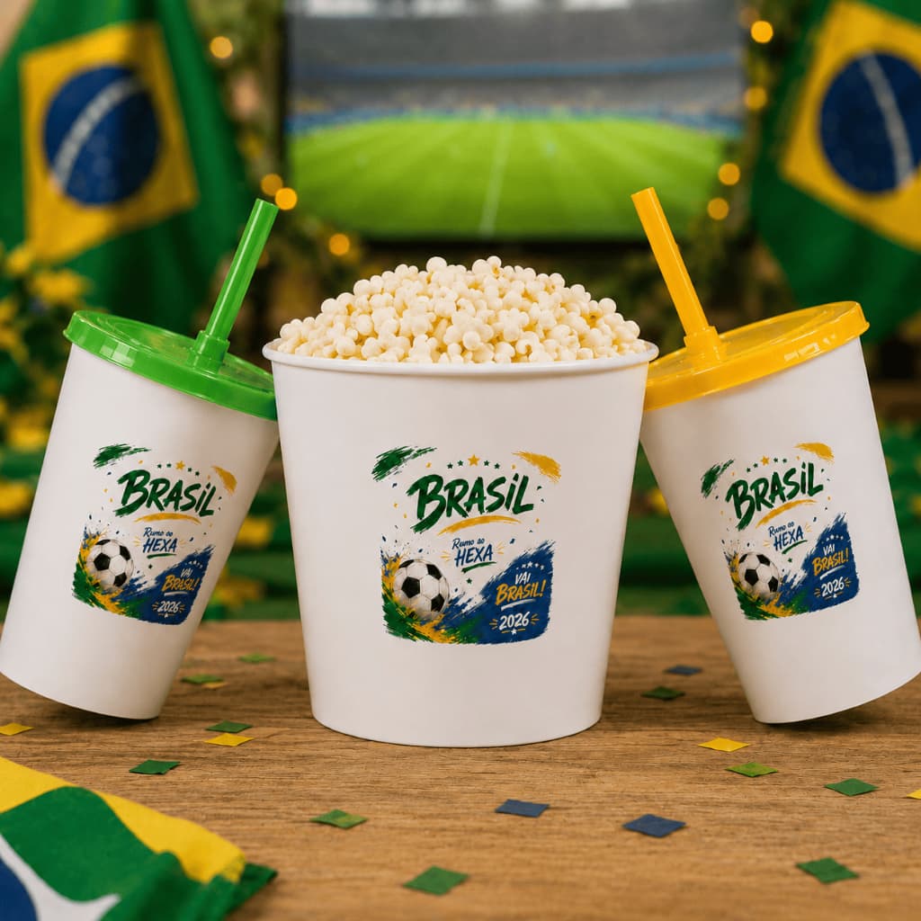 Kit pipoca Brasil, copos Brasil, baldinho Brasil, frases Rumo ao Hexa, Vai Brasil, Torcida Mirim.