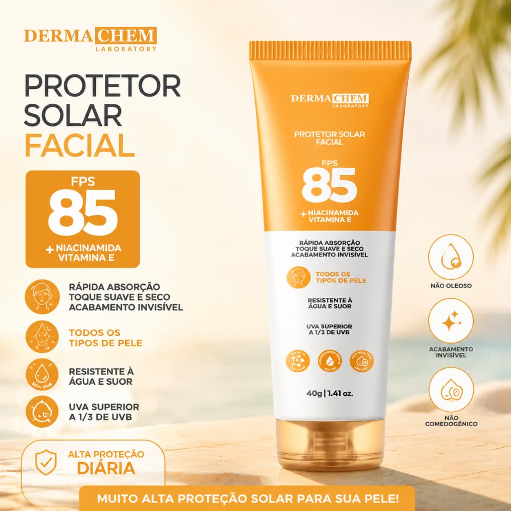Protetor Solar Facial Dermachem FPS 85 40g Alta Proteção UVA/UVB Toque Seco