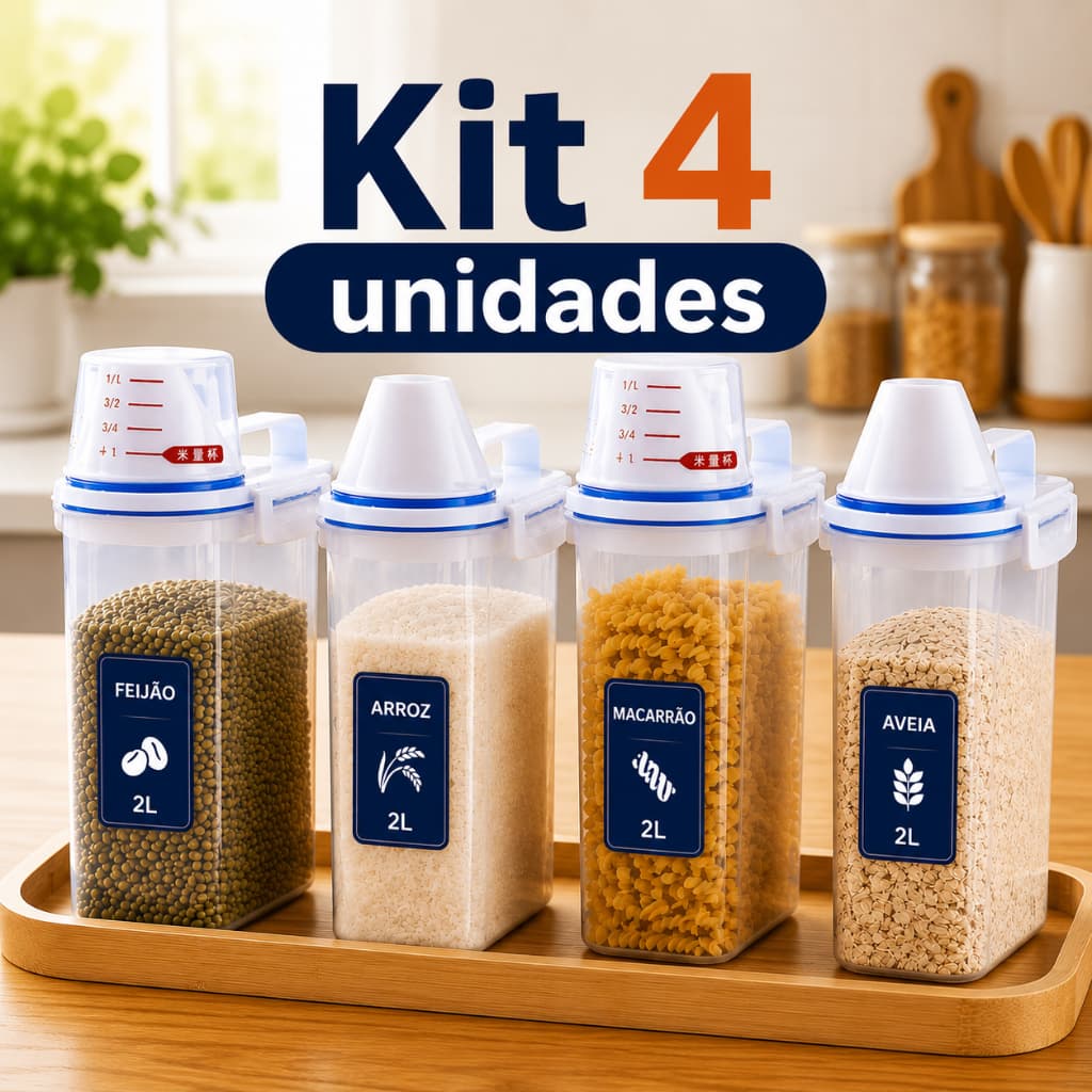 Kit 4 Potes Herméticos 2L Com Copo Medidor Organizador Mantimentos Arroz Feijão Sabão Em Pó Amaciante Produtos Limpeza