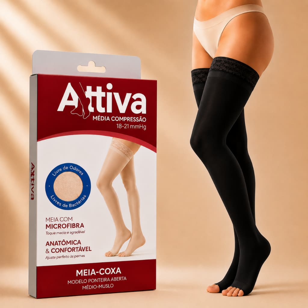 Meia Coxa 7/8 Média Compressão 18-21mmHg Cor Preta Attiva Ponteira Aberta