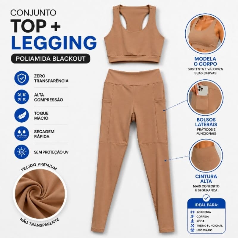 Conjunto Fitness Poliamida Premium Zero Transparência Cintura Alta| Legging com bolso + Top Nadador duplo | Academia