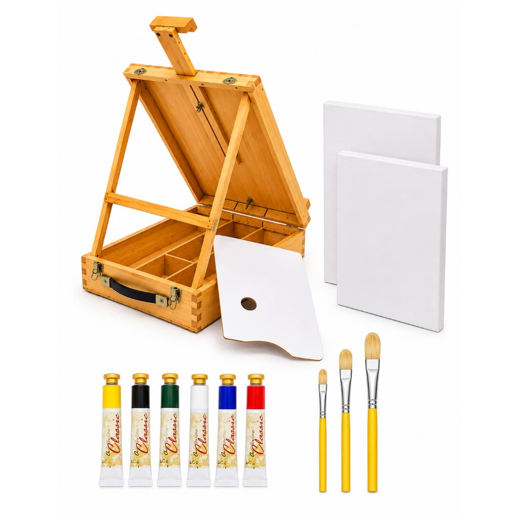 Kit Pintura Estojo Maleta Cavalete 6 Tintas 3 Pinceis2 Telas