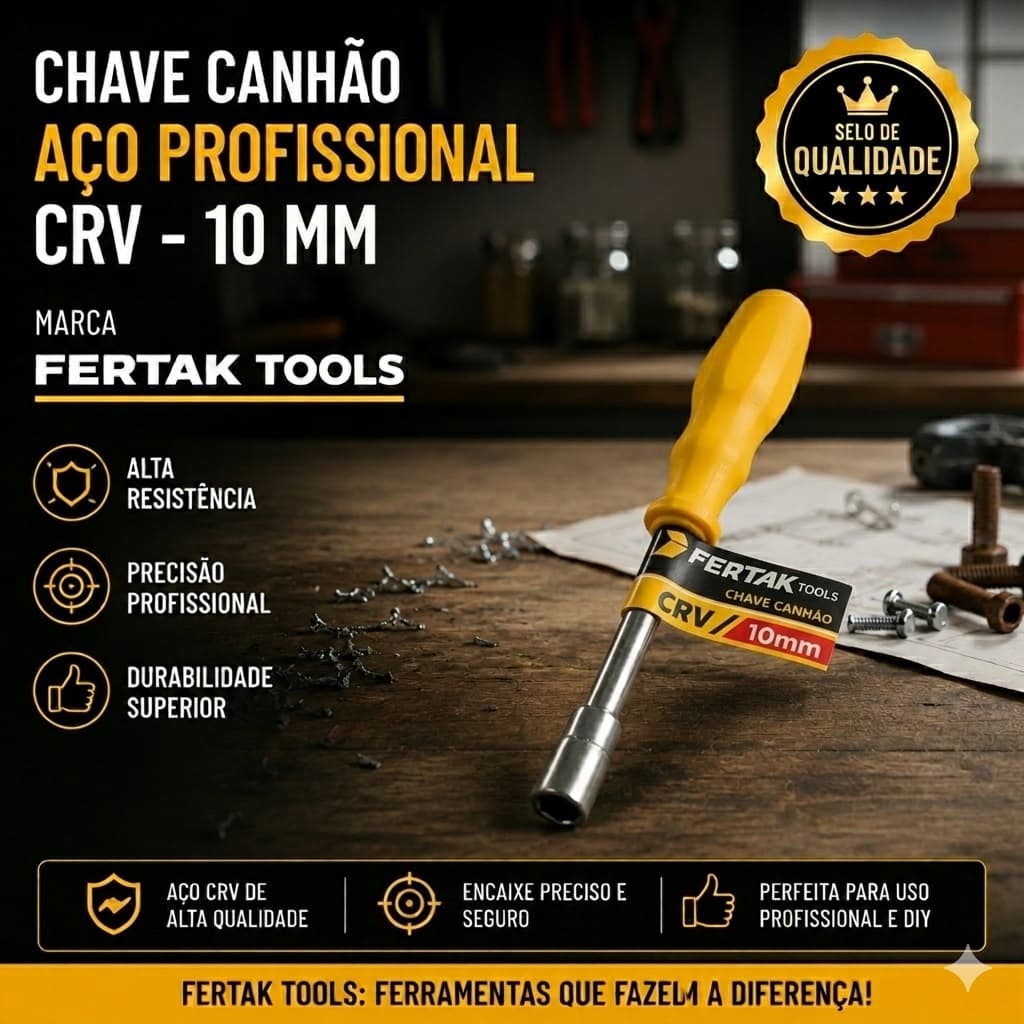 Chave Canhão Aço Profissional Crv 10 mm Fertak Tools Ferramenta Praticidade, Precisão e Resistência