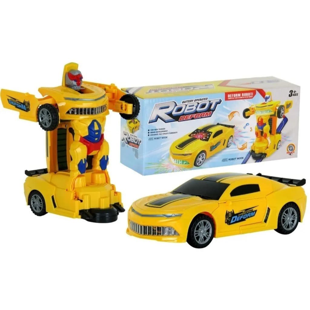 Carro Robô Transformável Infantil Amarelo Brinquedo 2 Em 1 Com Luzes e Sons