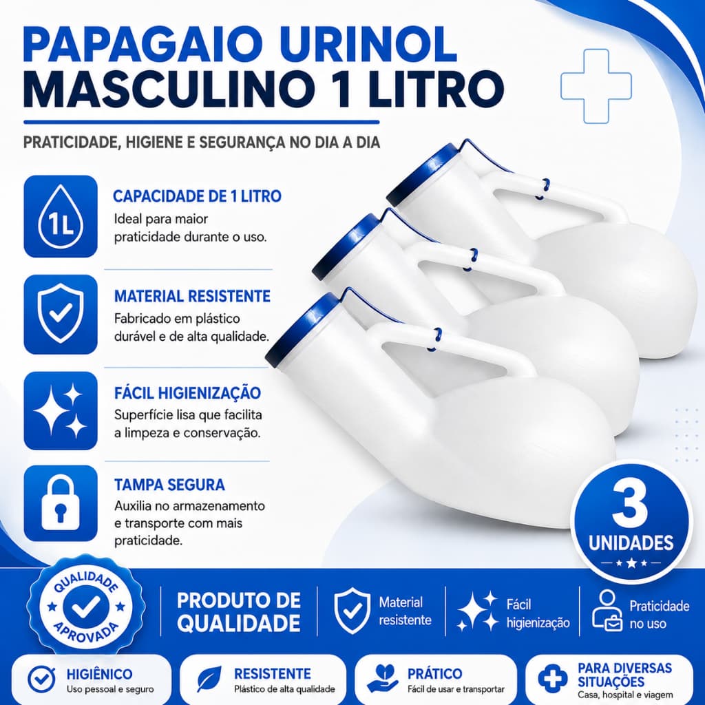 Kit 3 Unidades Urinol Papagaio Plástico Reutilizável c/ Tampa – 1 Litro – CELLPLUS