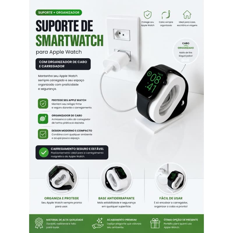 Suporte Apple Watch com Organizador de Cabo e Base para Carregador | Dock para Smartwatch Compatível Apple Watch