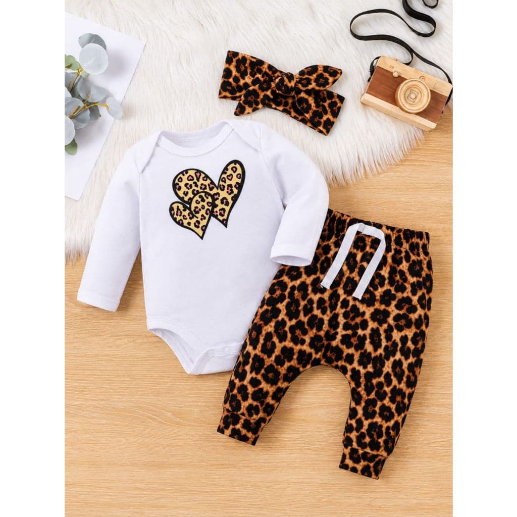 Conjunto Bebê Menina Body Algodão Manga Longa Calça Oncinha Faixa de Cabelo Moda Infantil Bebê