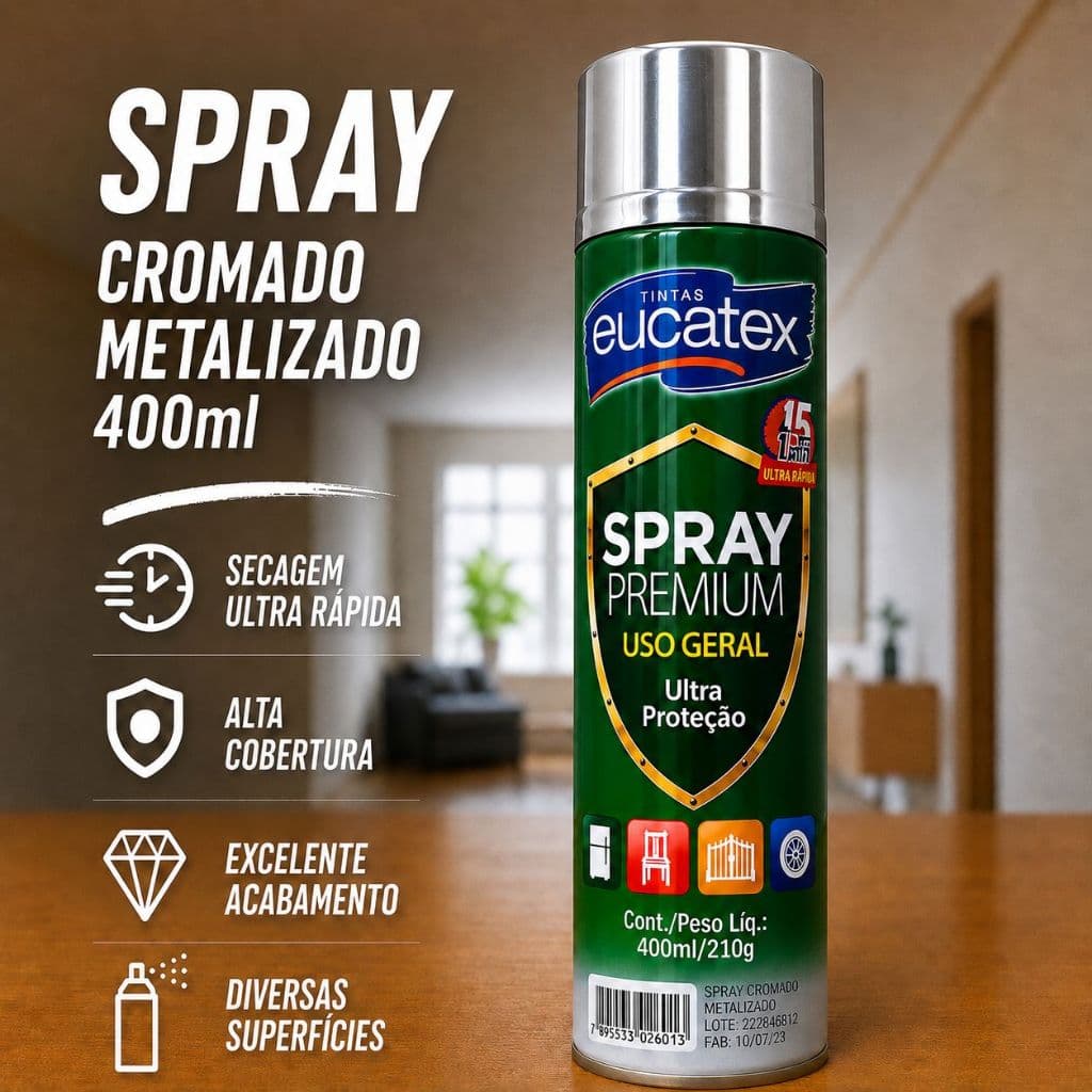 Spray Cromado Metalizado Alta Temperatura 400ml Tinta Premium 600°C Eucatex Secagem Ultra Rápida