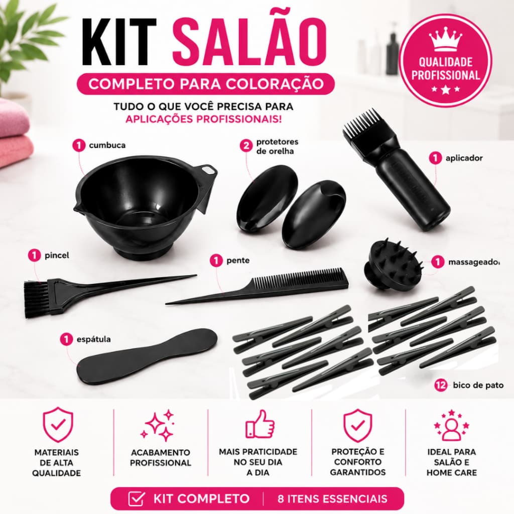 Kit Salão Cumbuca, Pretetor de Orelha, Pente, Píncel, Espátula, Bico de Pato, Aplicador e Massageador Capilar