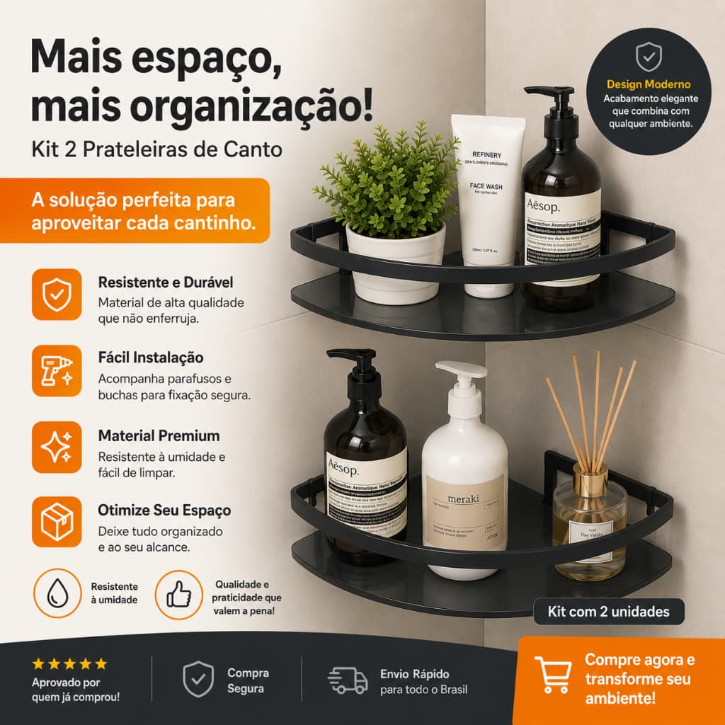 Kit 2 Prateleiras Canto Preto para Box Banheiro Organizador Shampoo