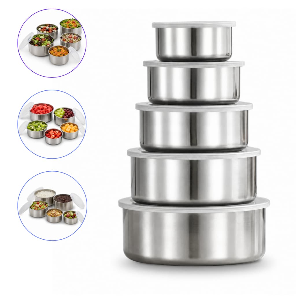 Jogo 5/10 Tigelas Inox Com Tampa Kit Potes Redondo 250ml a 1200ml Pote Hermético Cozinha Organização