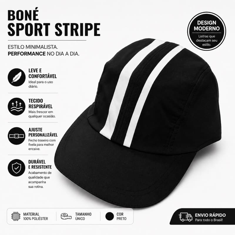 Boné listrado Masculino Sport Premium Unissex Aba Curva Tactel 100% Poliéster com Fecho de Velcro
