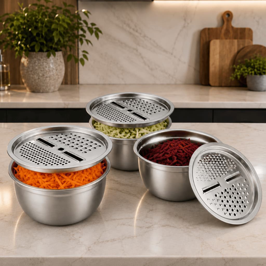 Kit 03 Ralador Inox Tigela Fatiador Legumes Queijo Manual Alimentos Bacia Recipiente Cozinha