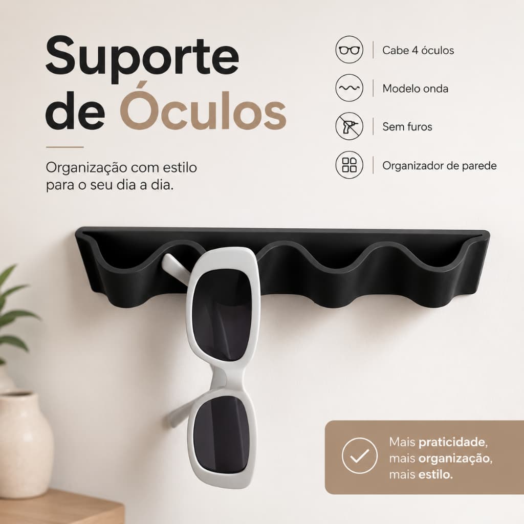 Suporte Porta Oculos Parede Sem Furos Ondas Organizador de Óculos Moderno