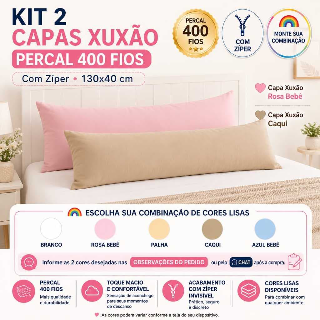 Kit 2 Fronhas Xuxão com zíper, Percal400Fios,Travesseiro de Corpo,Gestante,Grávida, Par Xuxão 130x40