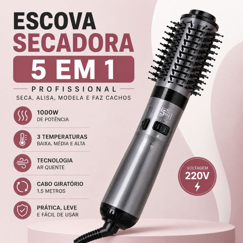 Escova Secadora 5 em 1 Profissional 220V Air Styler 1000W Alisa Seca Modela Faz Cachos e Dá Volume
