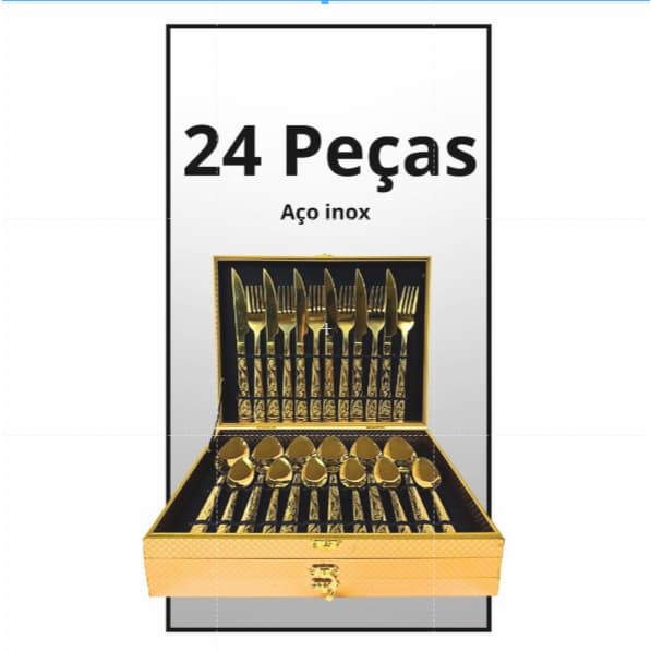 Kit Faqueiro Talheres Com Maleta 24 Pecas Em Inox C/ Dourado