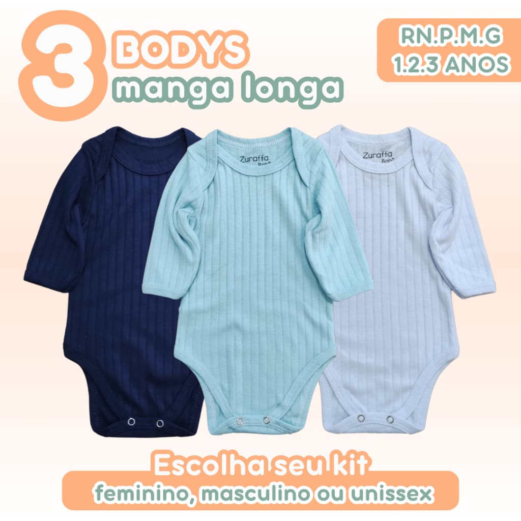 Kit 3 Bodys Bebê Manga Longa Canelado Comfort 100% Algodão Feminino Masculino Unissex RN.P.M.G 1.2.3 anos Zuraffa Baby
