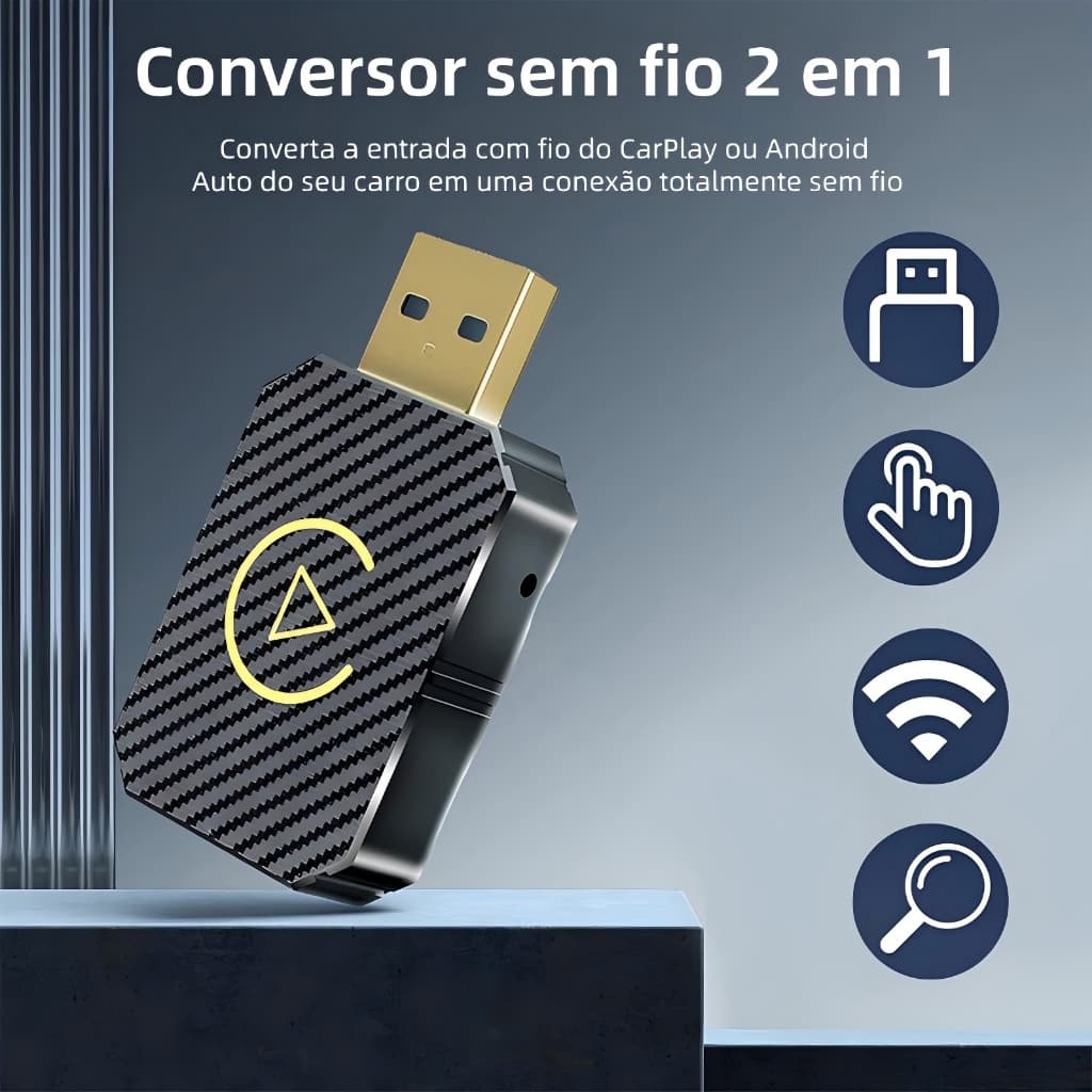 Adaptador CarPlay Sem Fio 2 em 1 + Android Auto Smart AI Box - Tipo-C/USB Plug & Play, Conexão Automática