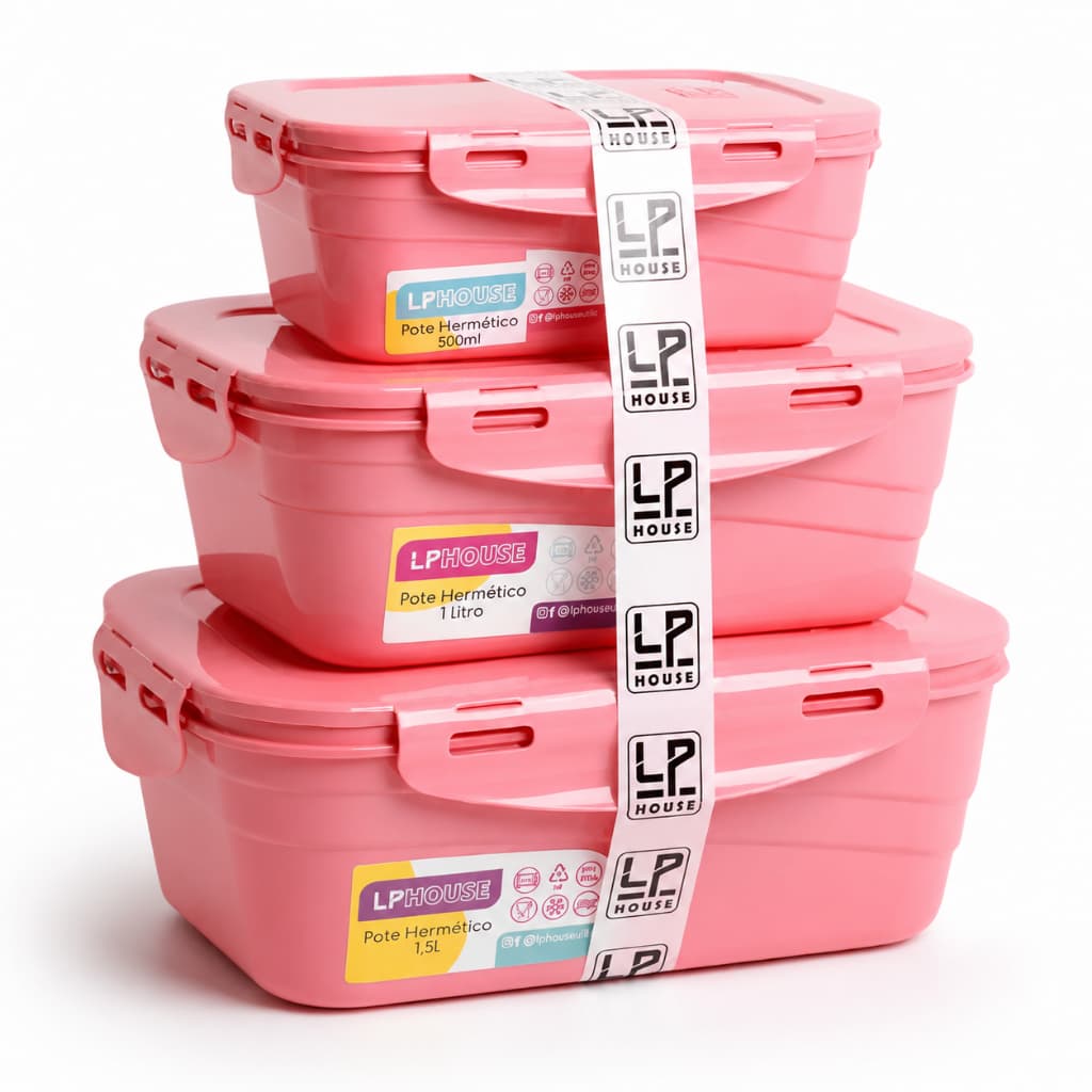 Kit 3 Potes Herméticos Alimentos Cozinha Geladeira Marmita Mantimentos Tampa Vedação