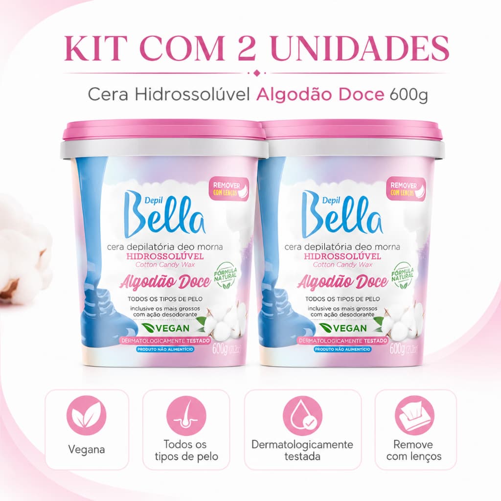 Kit 2 Cera Depilatória Morna Depil Bella Hidrossolúvel Algodão Doce 600g