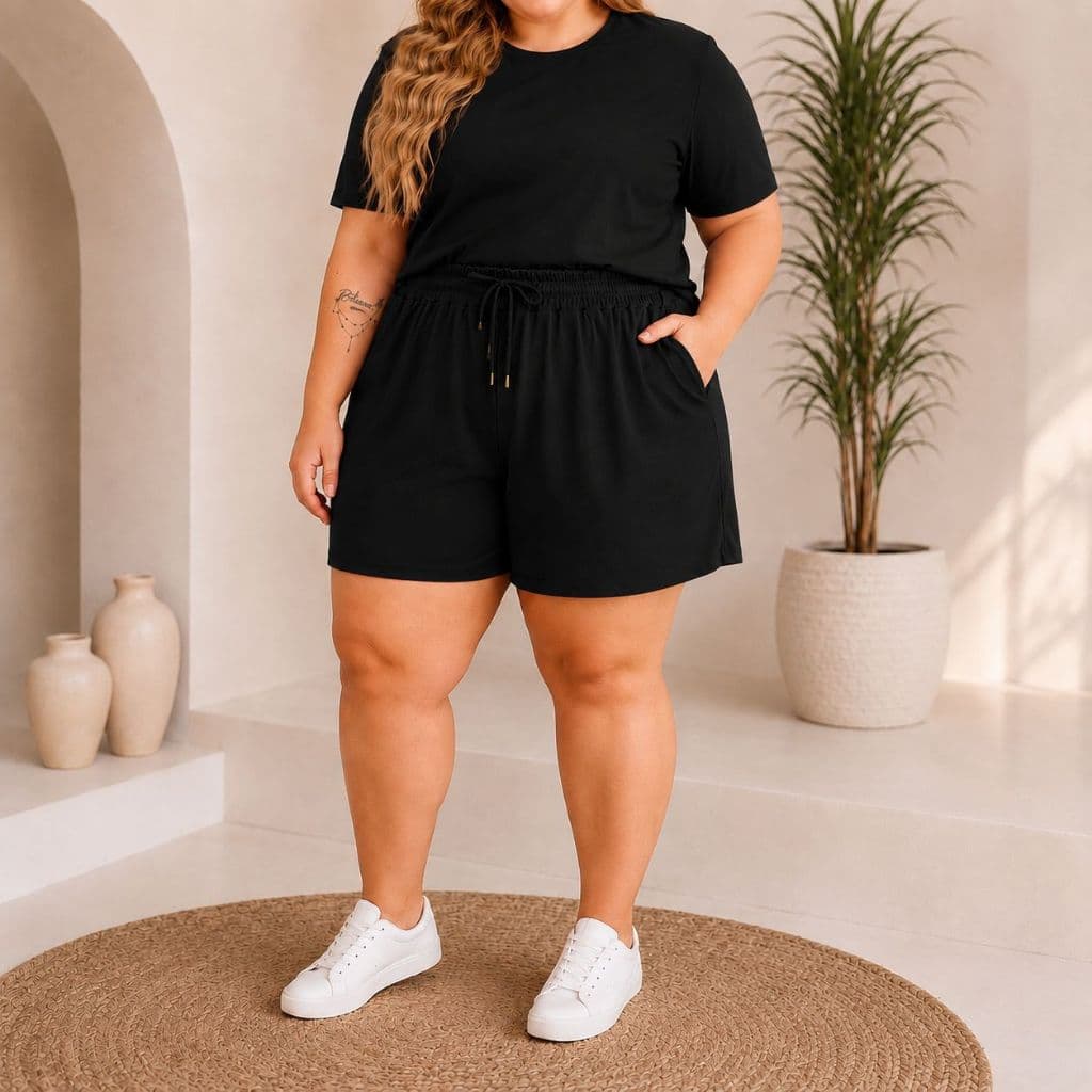 Chorte feminino plus size cintura alta soltinho bolso lateral veste G1 G2 G3 G4 G5 elástico no cos amarração fake
