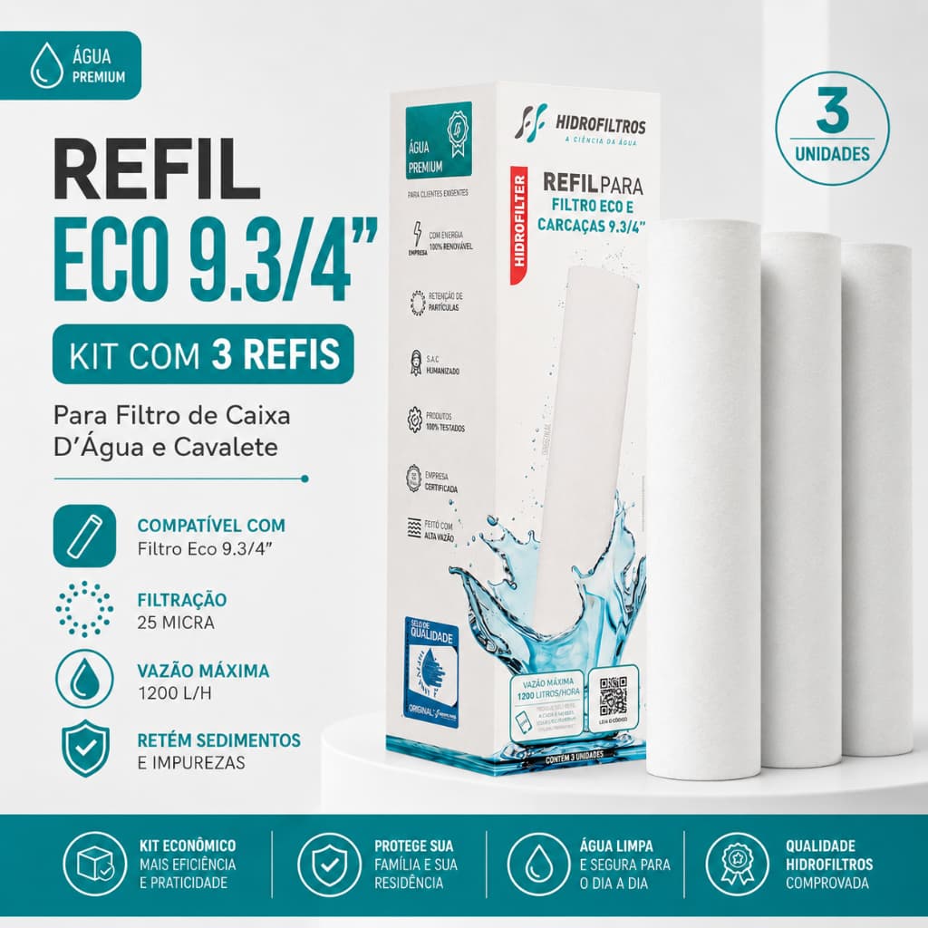 1, 2, 3 Refil Para Filtro de Caixa d'Água e Cavalete Eco 9.3/4 Polipropileno Carvão Ativado 25 micra