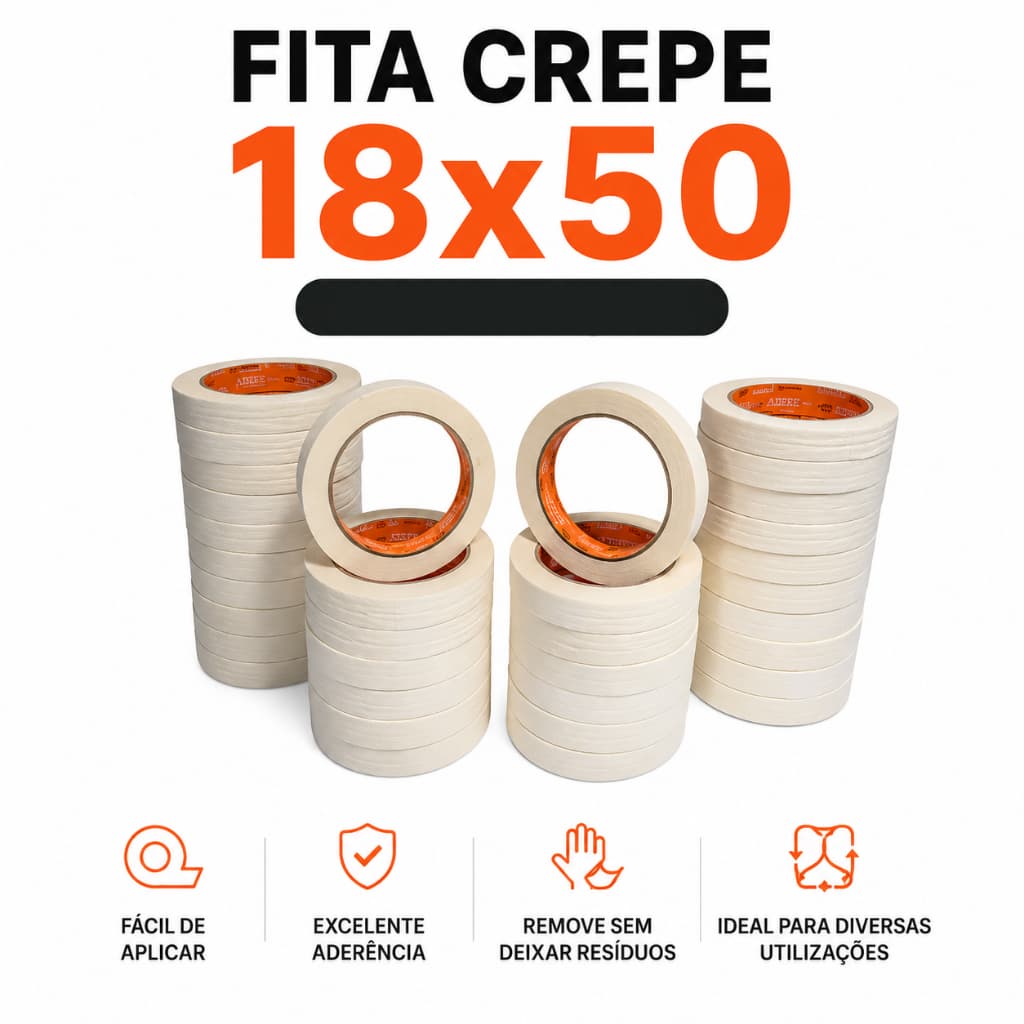 Fita Crepe Branca 18mm x 50m Kit 30 Rolos Uso Profissional Pintura Escolar Automotiva Alta Aderência