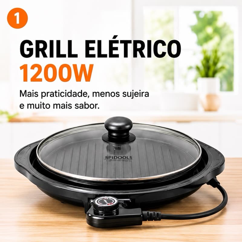 Grill churrasqueira eletrica redonda preta premium potencia alta 220V 127V gourmet assar grelhar