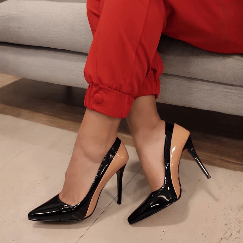 Scarpin Feminino Salto Alto Fino 10cm Bicolor- Luxo Confort
