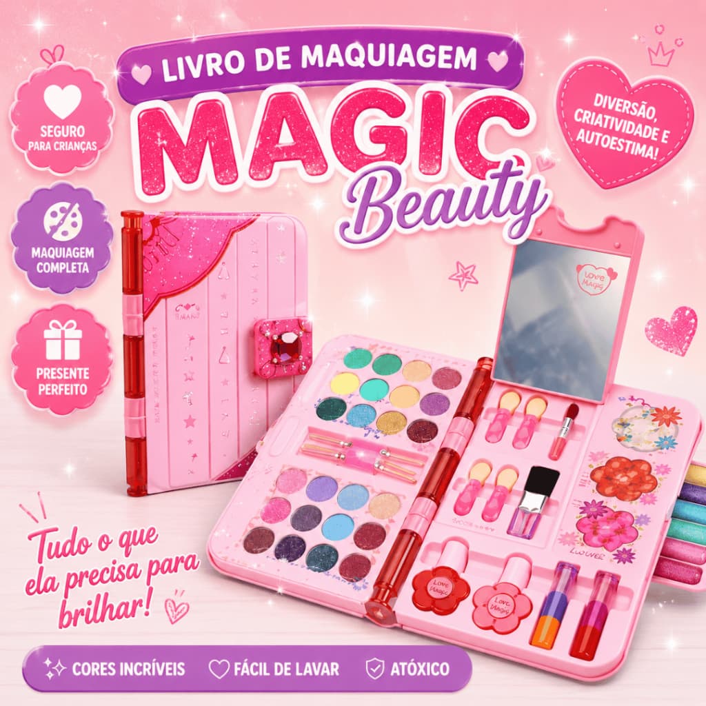 Kit Estojo de Maquiagem Infantil Não Tóxico Com Espelho Brinquedo Menina