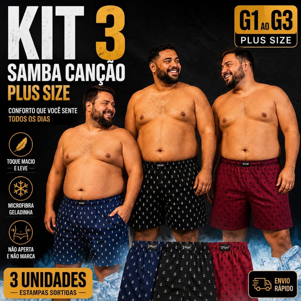 Kit 3 Samba Canção Plus Size Masculina Microfibra Geladinha Confortável Cueca G1 G2 G3 Sortidas