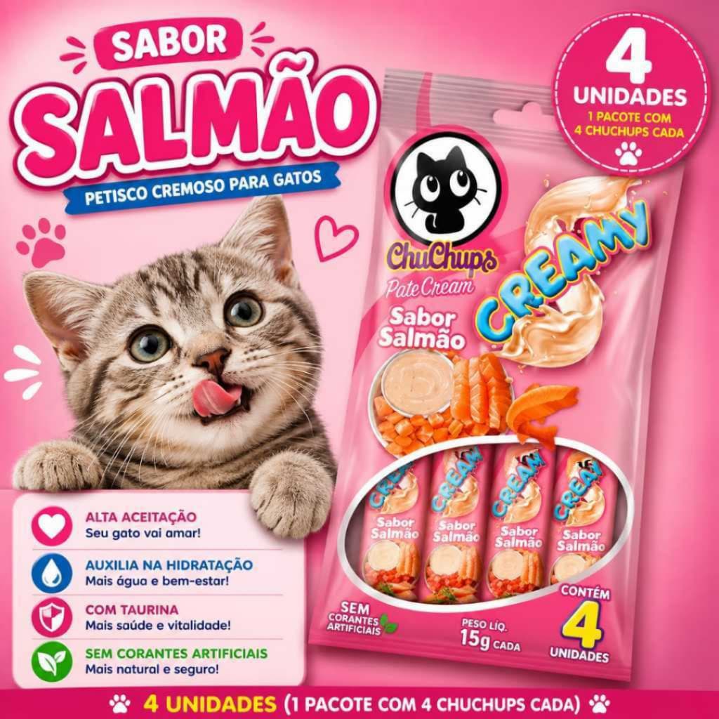 ChuChups Churu Petisco Cream Para Gatos Pacote 15g Sachê Creamy Salmão 4 Unidades Tubets
