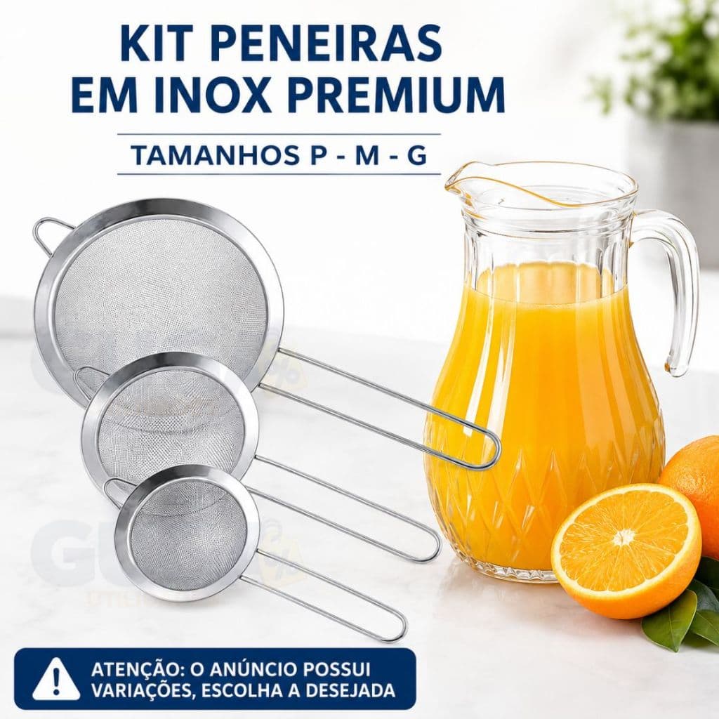 Kit 3 Peças Peneira Coador Filtro Tela Aço Inox Para Cozinha 3 Tam P M G 12/14/16 Cm